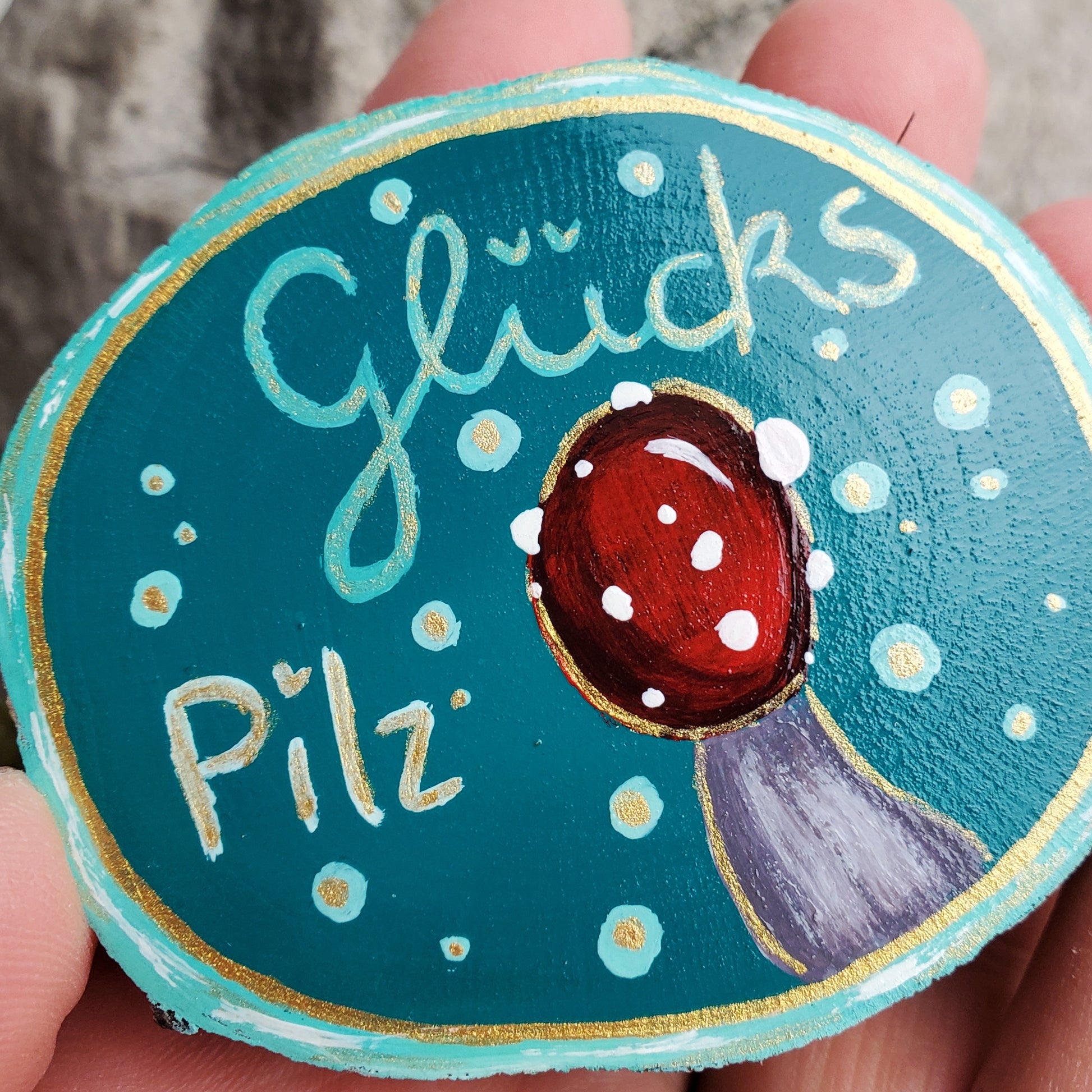 Handbemalte Holzscheibe, Glücksbringer