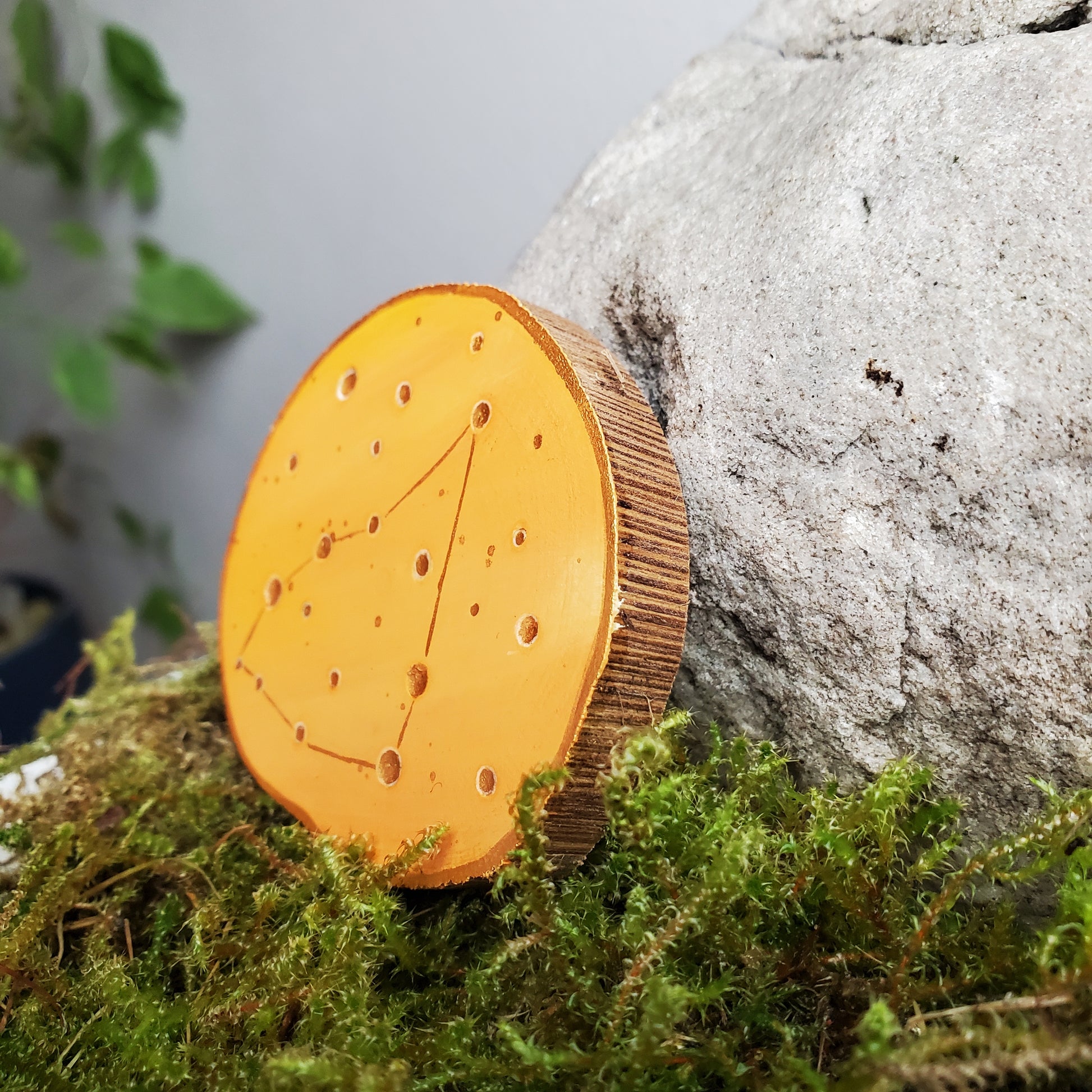 Handbemalte Holzscheibe mit dem Sternbild Steinbock